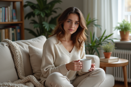 Jeune maman assise avec une tasse de thé dans le salon