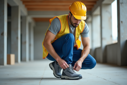 Jeune ouvrier en sécurité et chaussures légères sur chantier
