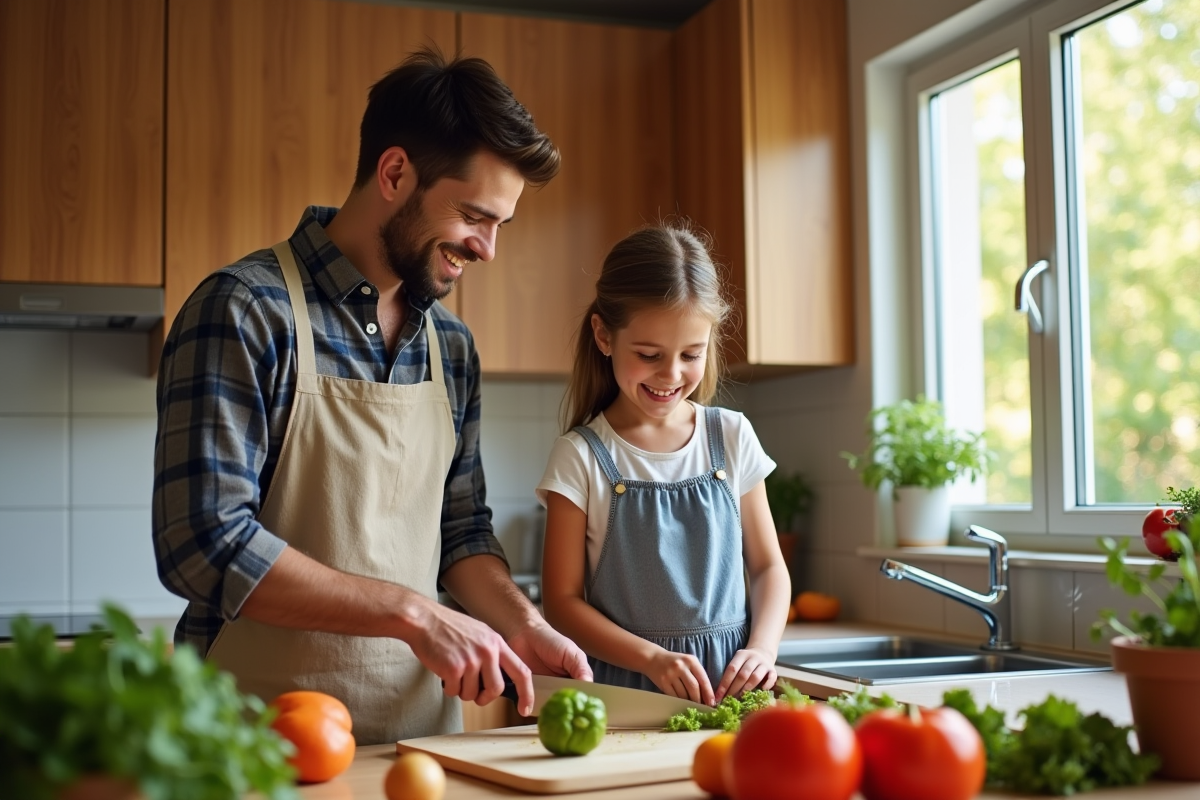 Père et fille cuisinant ensemble dans une cuisine lumineuse