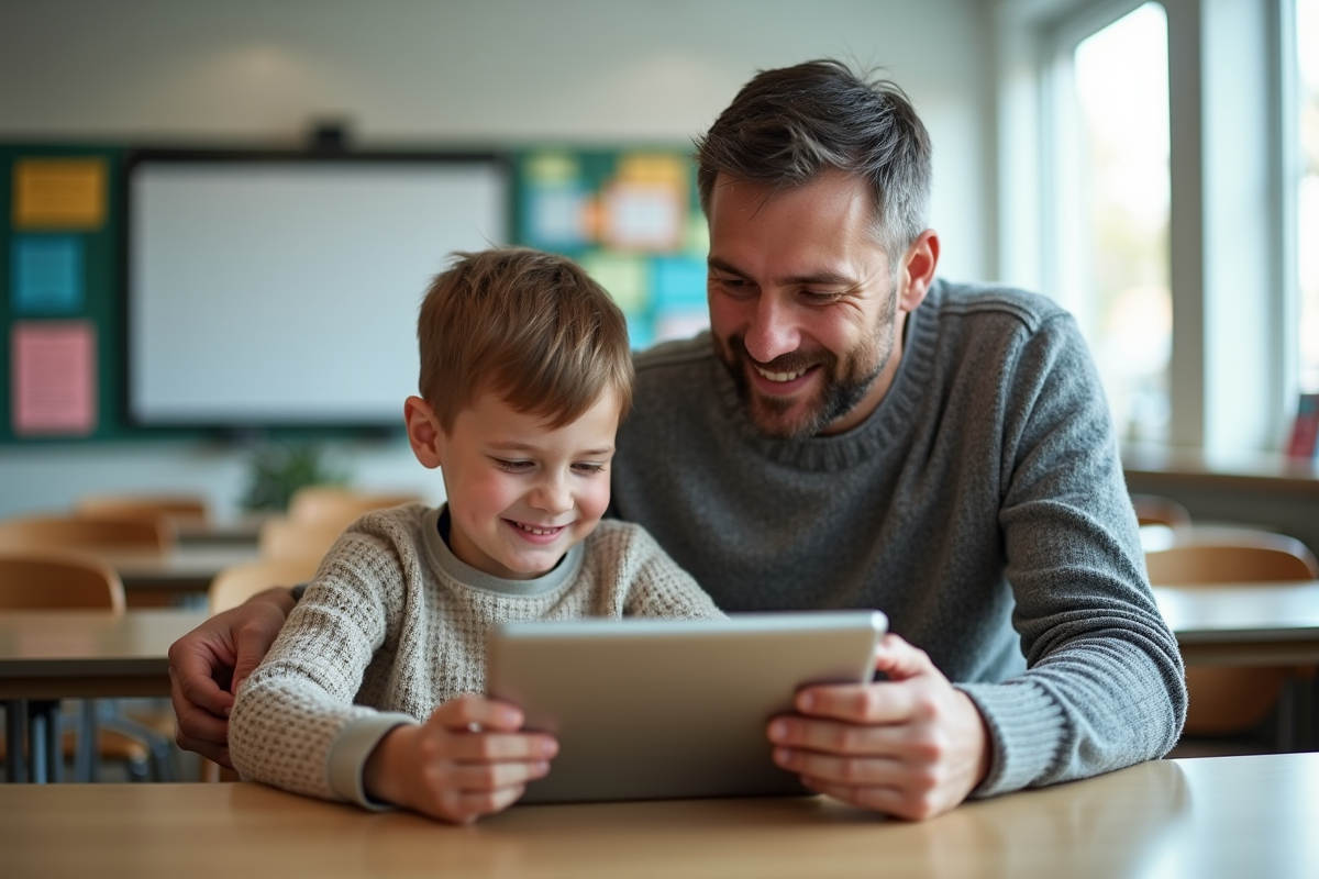 Père et fils explorant une tablette en classe