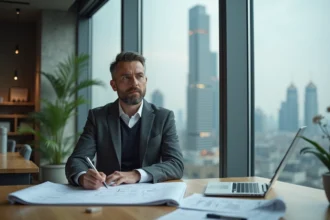 Architecte homme en costume studyant des plans futuristes