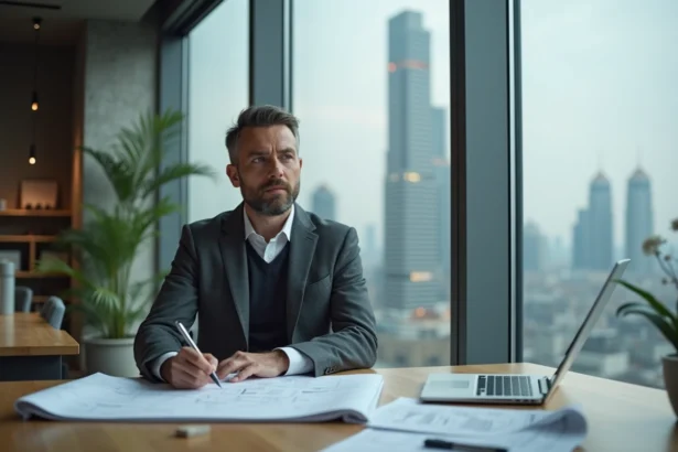 Architecte homme en costume studyant des plans futuristes