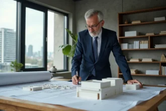 Architecte en costume bleu étudie des plans dans un bureau moderne