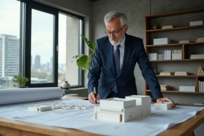 Architecte en costume bleu étudie des plans dans un bureau moderne