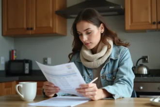 Femme lisant un billet d'avion dans sa cuisine chaleureuse