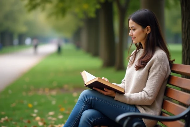 Femme assise sur un banc de parc lisant un livre de citations