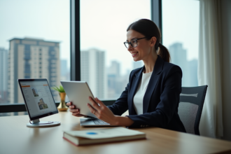 Jeune femme en blazer dans un bureau moderne avec écrans immobiliers