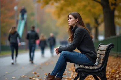 Jeune femme assise seule sur un banc en automne