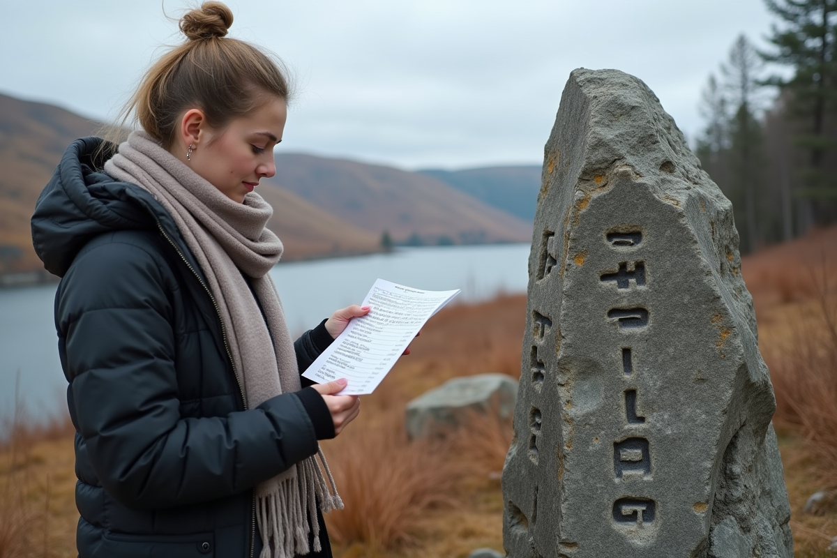 Jeune femme observant des runes vikings gravées sur pierre en extérieur