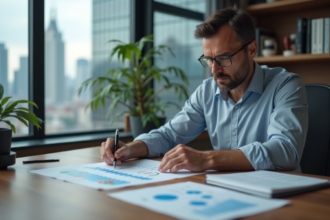 Homme d'âge moyen analysant des graphiques financiers sur papier dans un bureau moderne