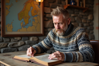 Homme d'âge moyen feuilletant un arbre généalogique dans un cadre rustique