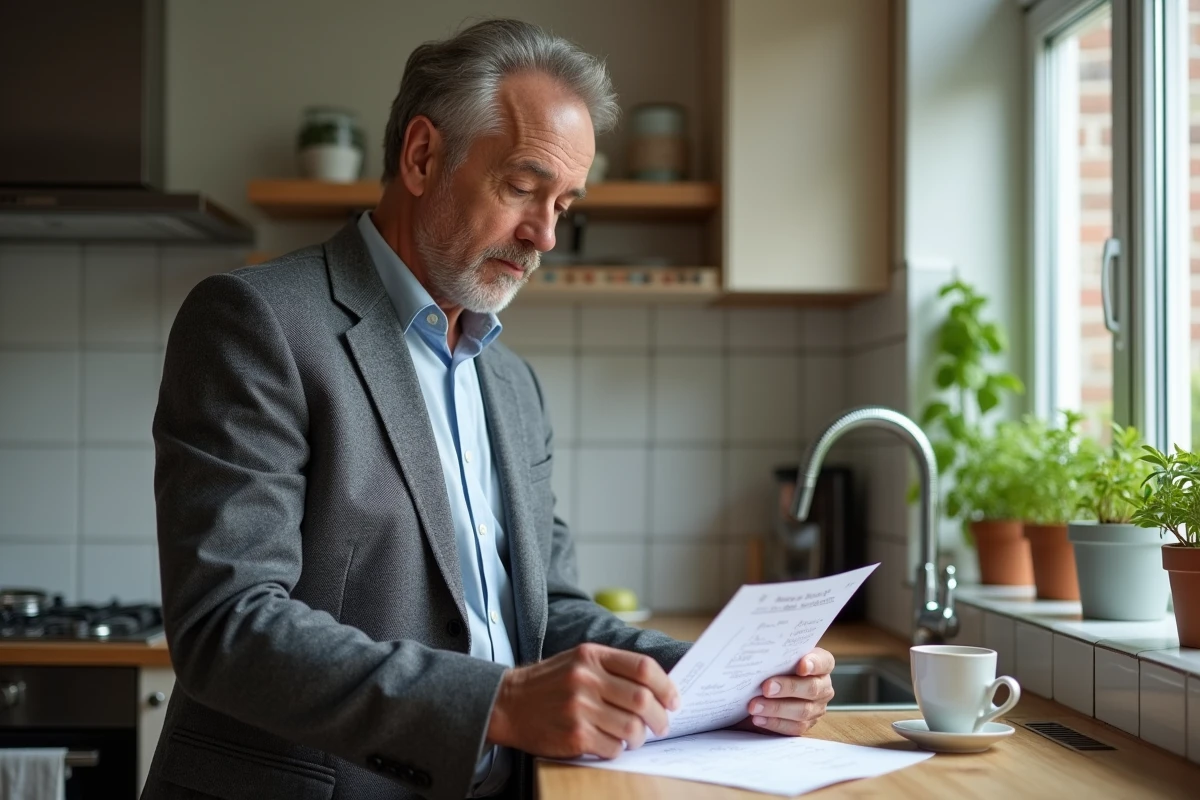 Homme relisant notes de conjugaison française à la maison