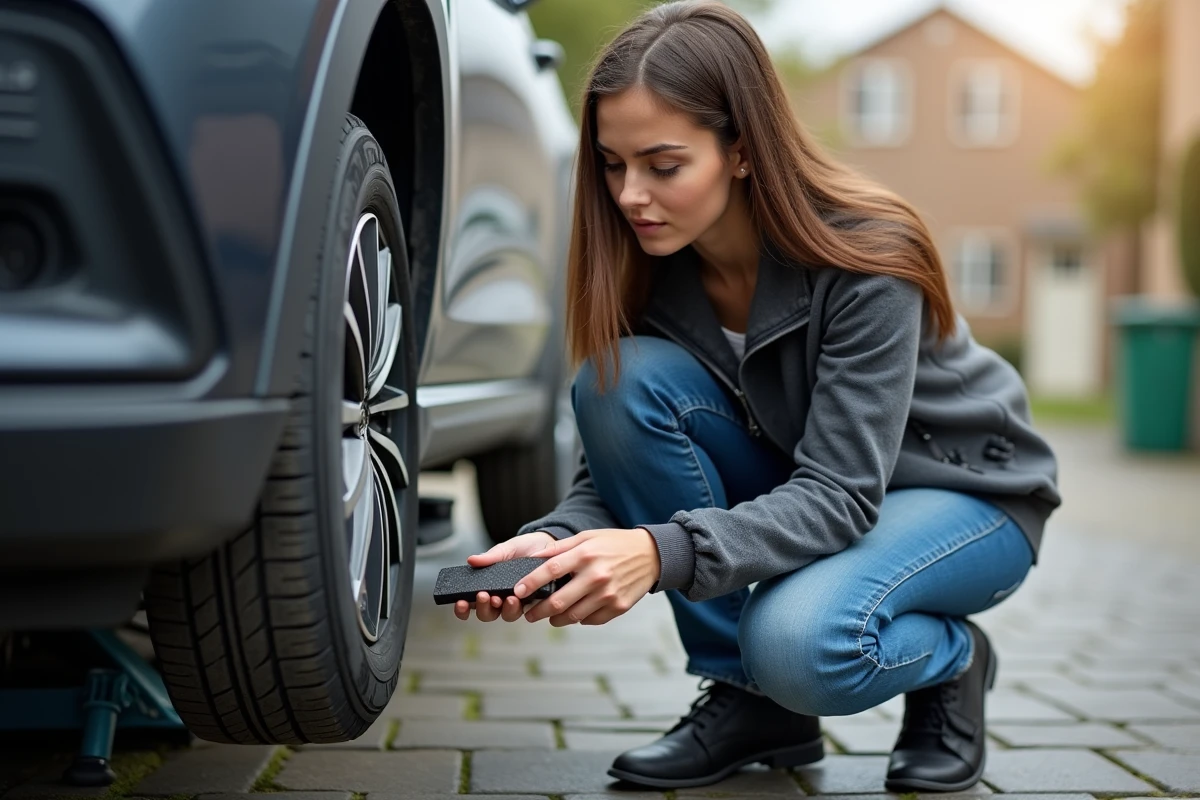 Jeune femme vérifiant des plaquettes de frein à l
