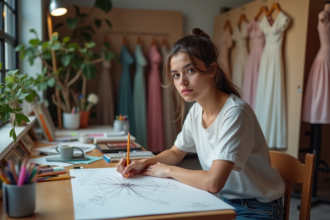 Jeune créatrice de mode dessinant des robes dans son atelier