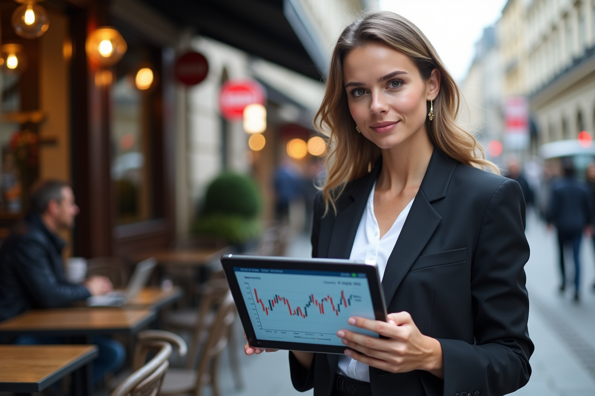 Jeune femme tenant une tablette avec un graphique d