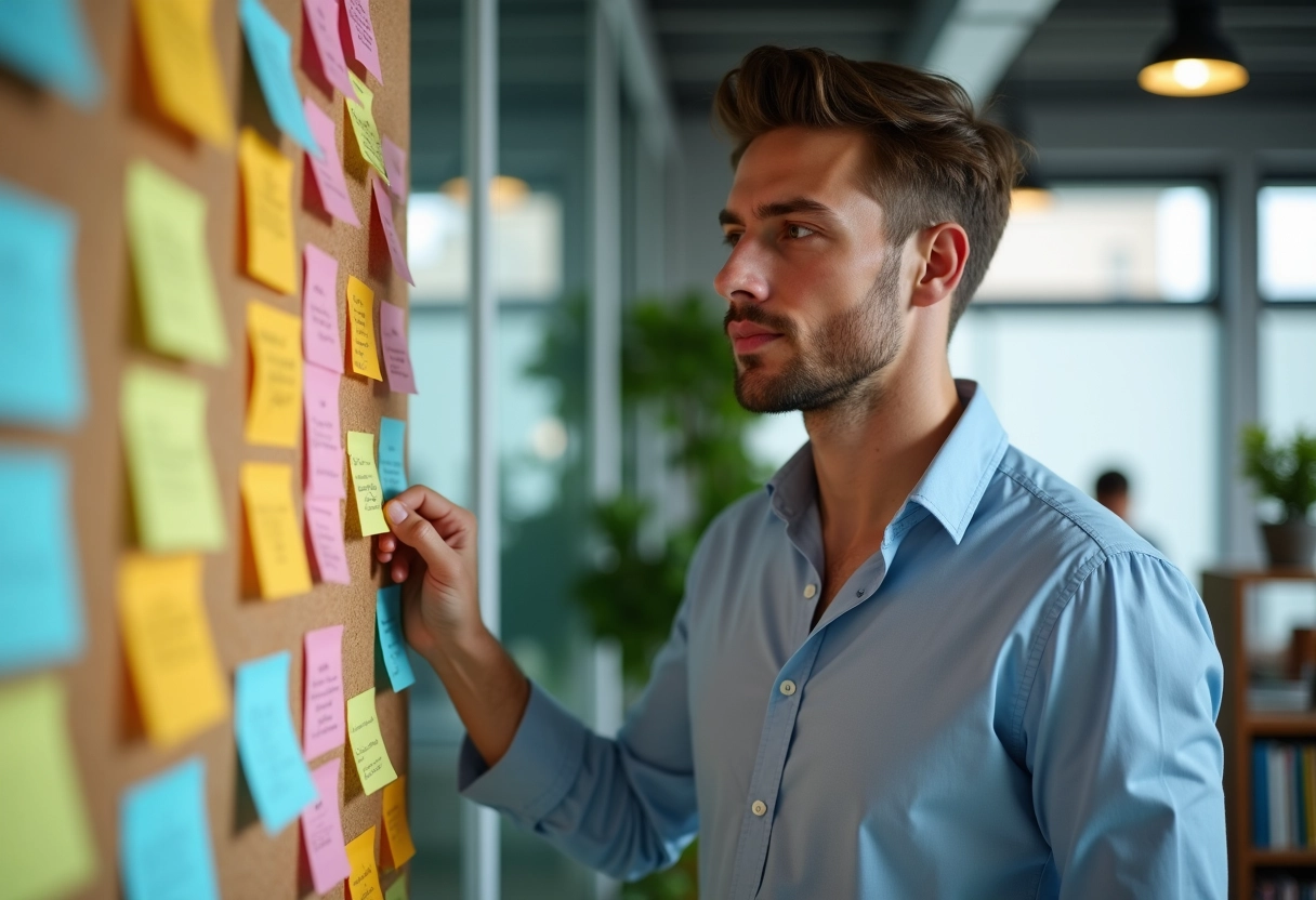 Jeune homme regardant des notes inspirantes sur un tableau au bureau