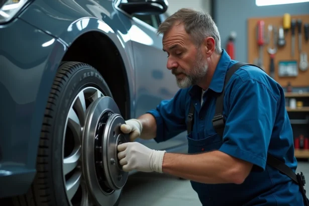 Homme en overalls bleu changeant un disque de frein voiture