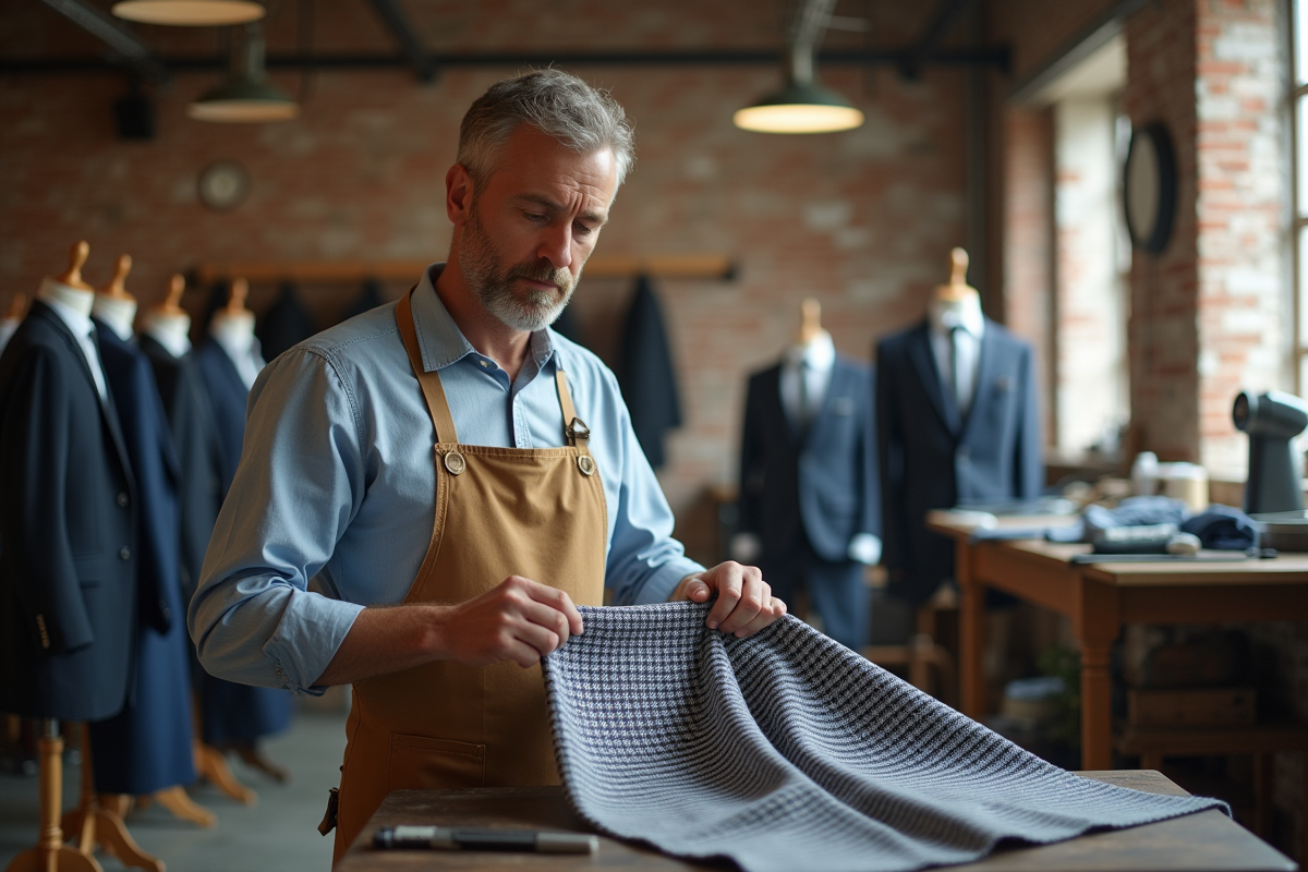 Tailleur drapant des tissus sur un mannequin dans son atelier