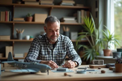 Homme moyen âge assemble modèle Bf 109 G en intérieur