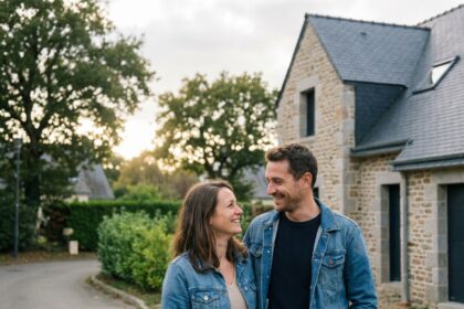 Jeune couple souriant devant une maison bretonne moderne