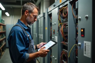 Électricien en travail examinant un panneau électrique