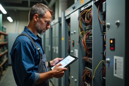 Électricien en travail examinant un panneau électrique