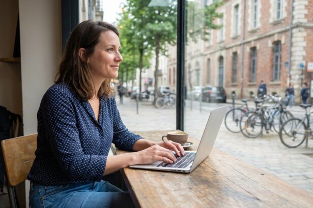 Femme travaillant sur un ordinateur dans un café nantais
