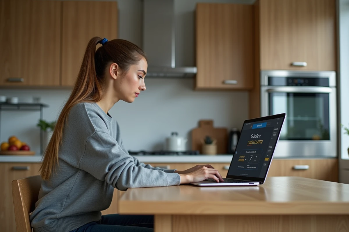 Jeune femme utilisant un ordinateur dans la cuisine