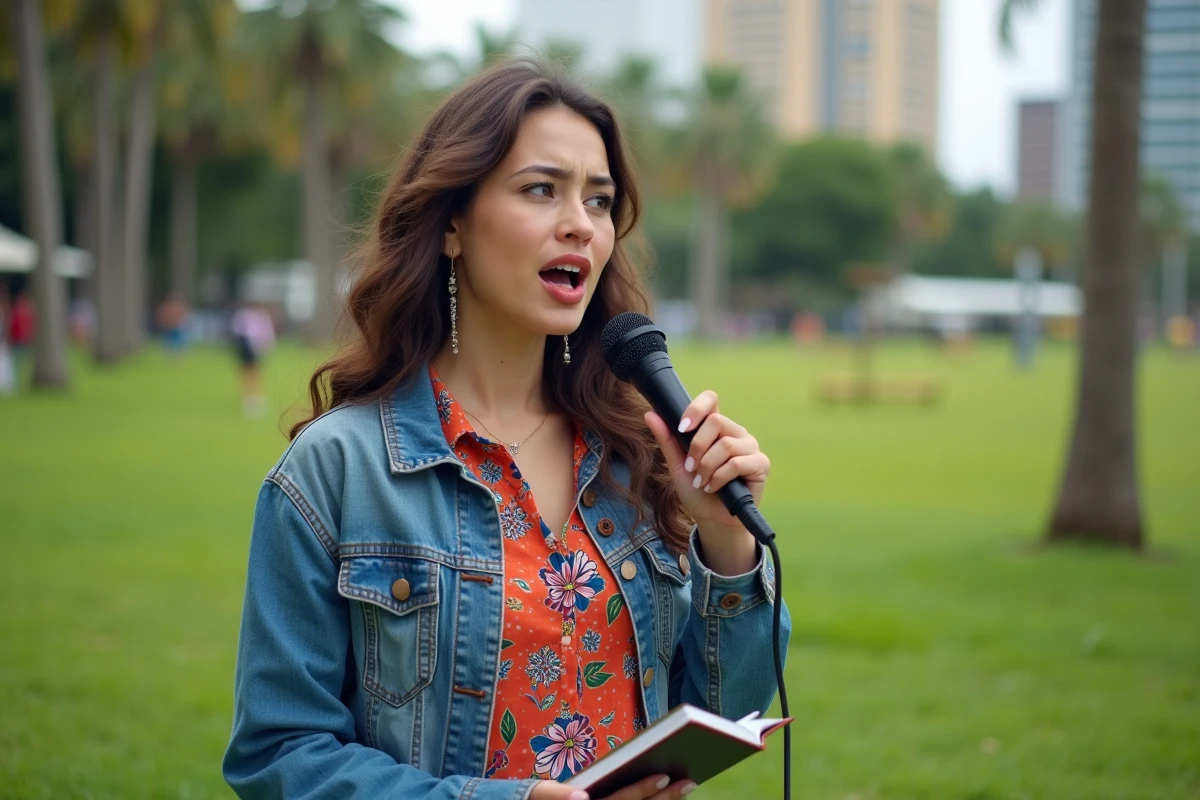 Jeune femme brésilienne chantant en plein air dans un parc