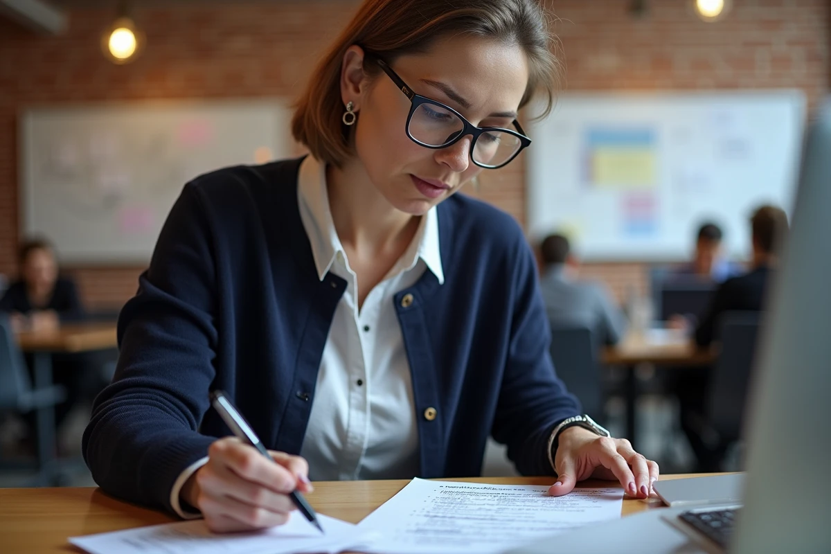 Femme avec lunettes examine un résumé de récompenses dans un espace coworking