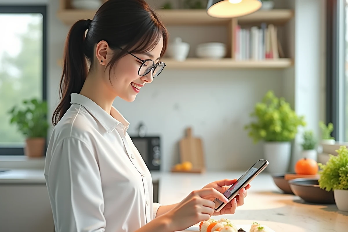 Femme souriante préparant du sushi avec notification manga sur smartphone