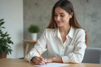 Jeune femme écrivant une carte Bonne Année 2026 dans un intérieur lumineux