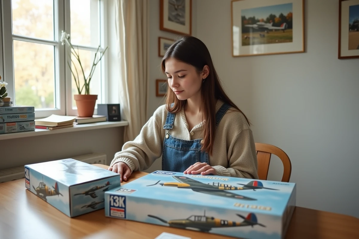 Jeune femme compare kits Bf 109 G sur table lumineuse