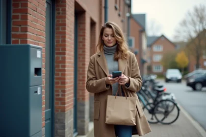 Femme en extérieur vérifiant son téléphone près d'un casier à colis