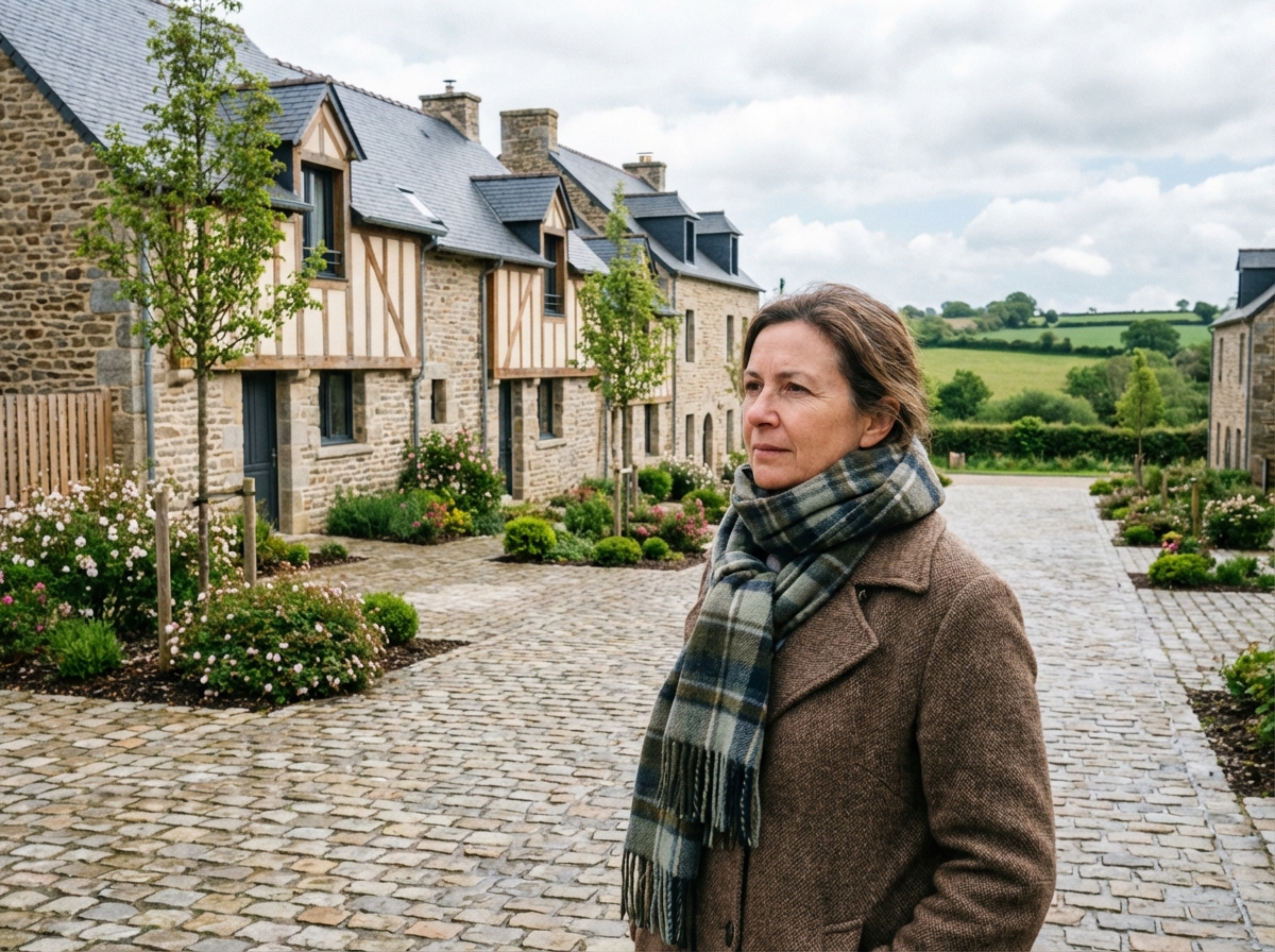 Femme regardant des maisons bretonnes traditionnelles