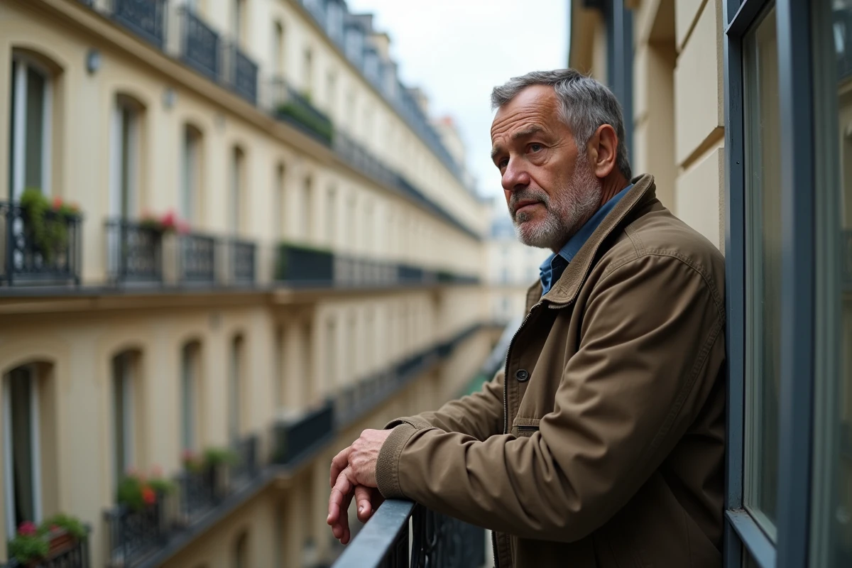 Homme curieux sur un balcon dans une cour parisienne