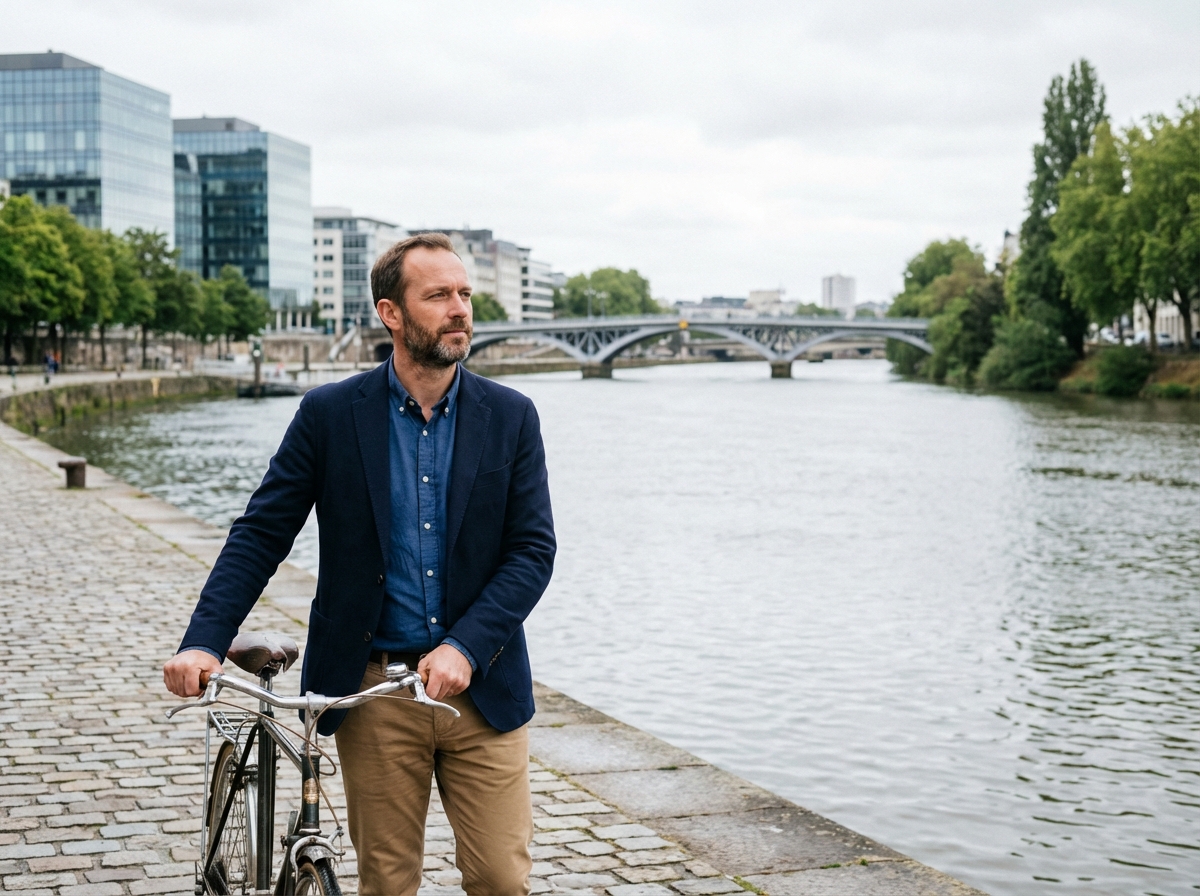 Homme avec un vélo sur une promenade au bord de la Loire à Nantes