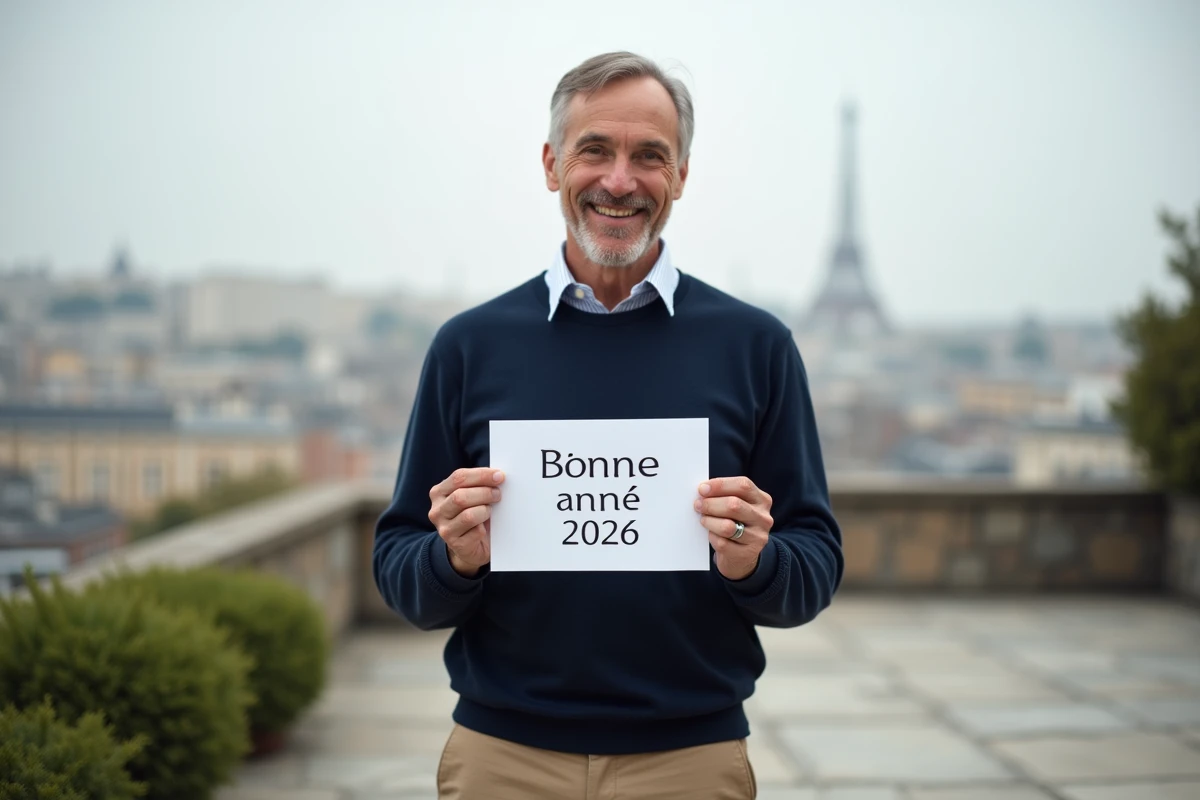 Homme souriant tenant une carte Bonne Année 2026 en extérieur