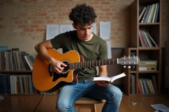 Jeune chanteur brésilien avec guitare dans un espace pratique
