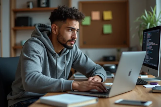 Jeune homme en hoodie regarde un code erreur sur son ordinateur
