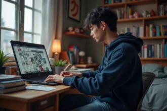 Jeune homme concentré devant un site manga sur son ordinateur