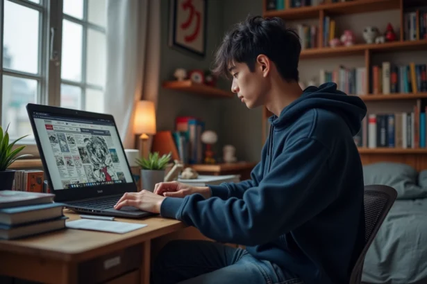 Jeune homme concentré devant un site manga sur son ordinateur
