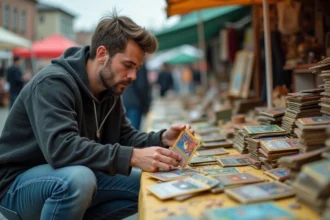 Jeune homme inspectant une carte Charizard lors d'un marché aux puces