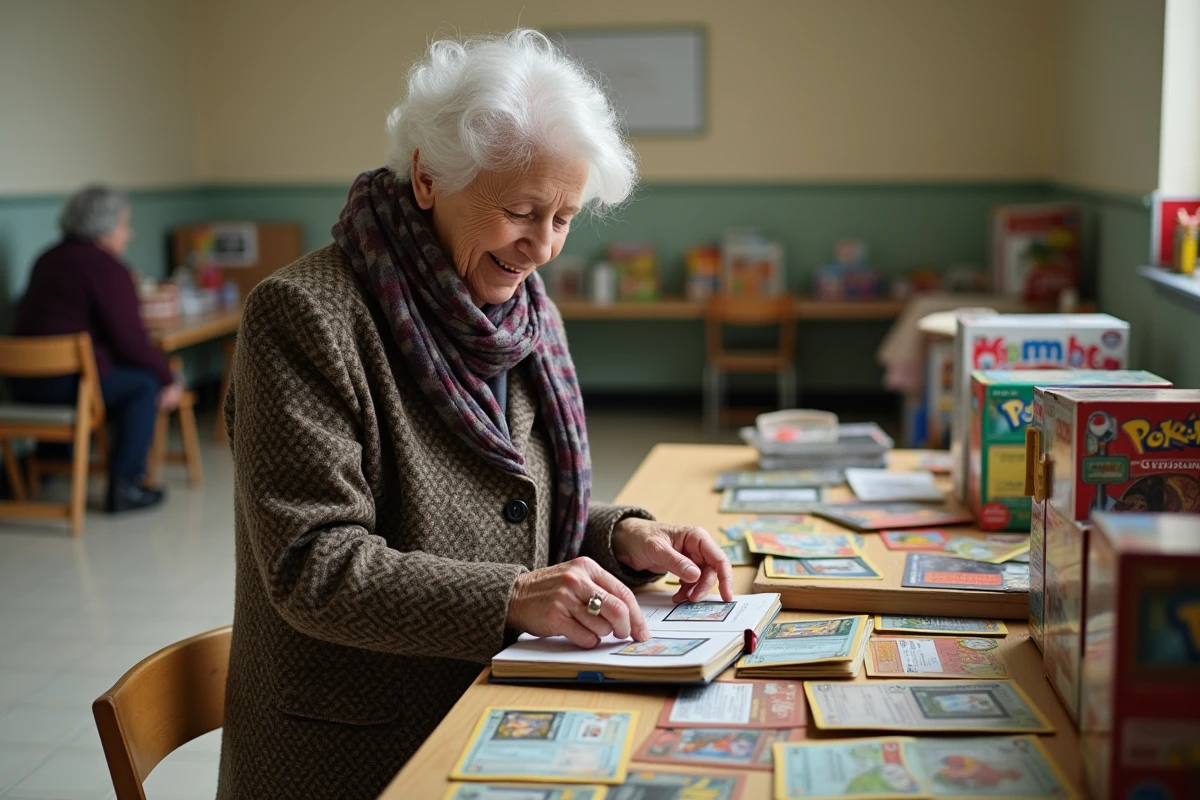 Femme âgée feuilletant un album de cartes Pokémon lors d