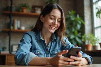 Jeune femme jouant à Monopoly GO sur smartphone dans un bureau cosy