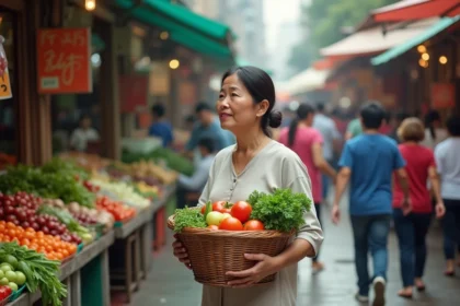 Femme d'âge moyen dans un marché asiatique animé
