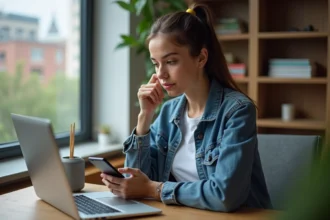 Jeune femme en denim et blanc utilisant un ordinateur portable