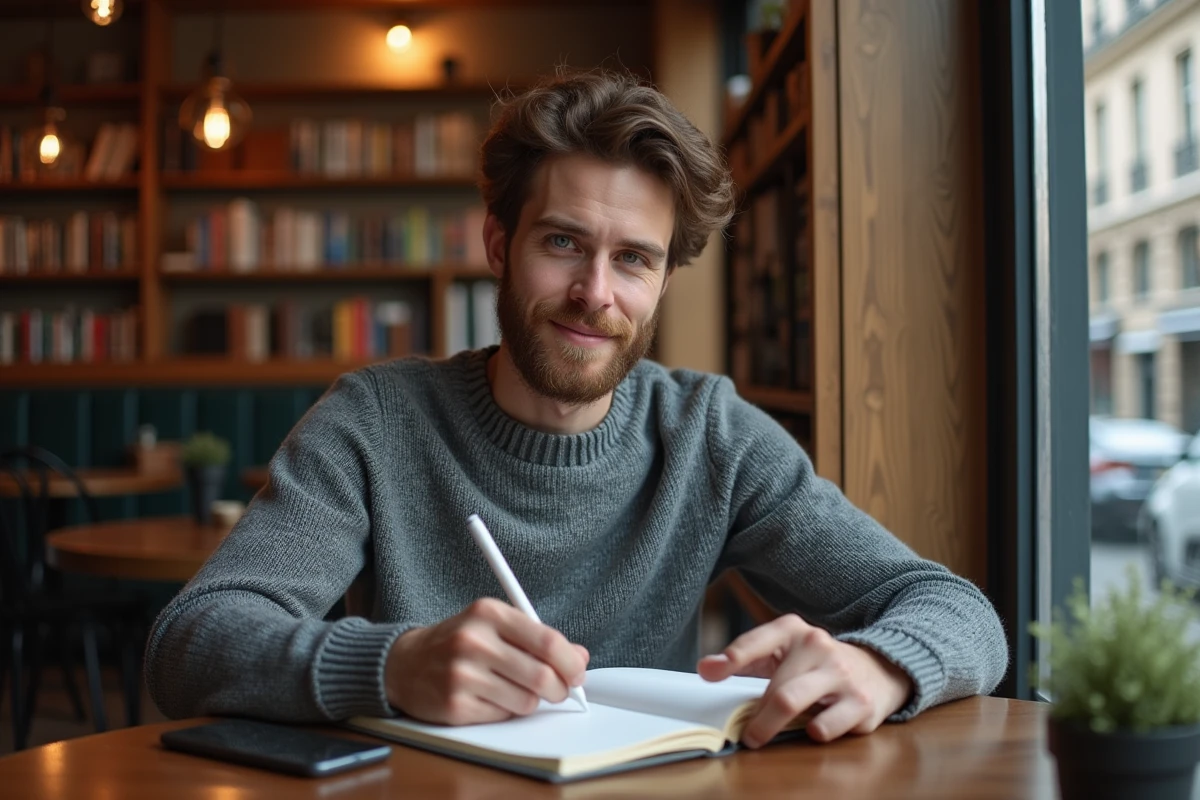 Jeune homme étudiant dans un café parisien avec carnet et smartphone