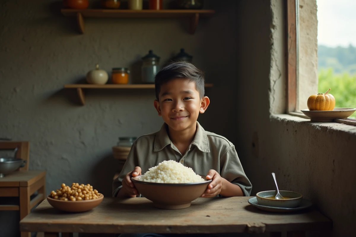 Jeune garçon dans une cuisine rurale avec bol de riz