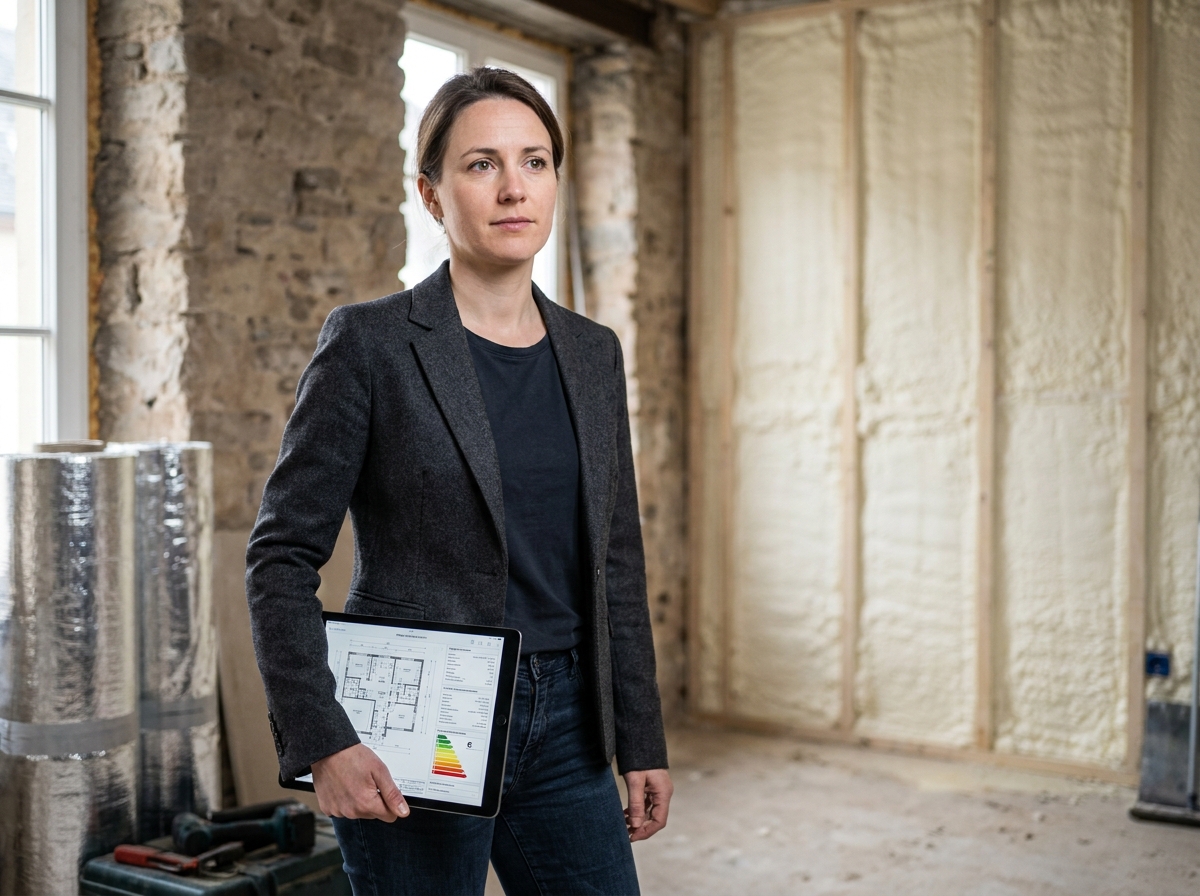 Architecte consultant des plans de rénovation énergétique à l'intérieur d'une maison de ville luxembourgeoise en cours de travaux d'isolation